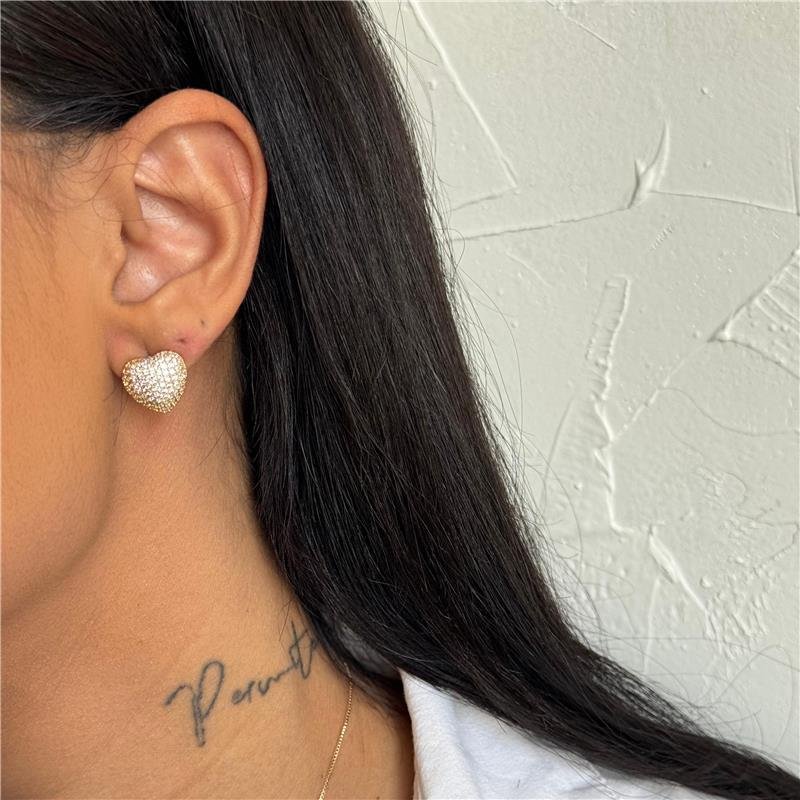 CONJUNTO CORAÇÃO BOLEADO MAXI CRAVEJADO BANHO OURO 18K