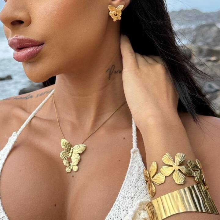  CONJUNTO BORBOLETA DUPLA EM AÇO INOXIDÁVEL COM BANHO OURO 18K