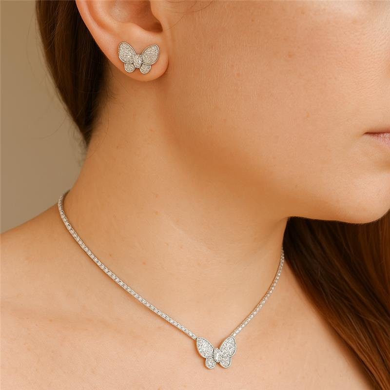 CONJUNTO FORMATURA RIVIERA COM BORBOLETA CRAVEJADA BANHO PRATA 950 