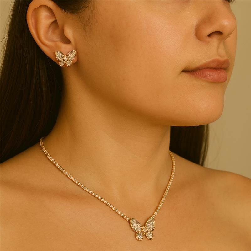 CONJUNTO FORMATURA RIVIERA COM BORBOLETA CRAVEJADA BANHO OURO 18K