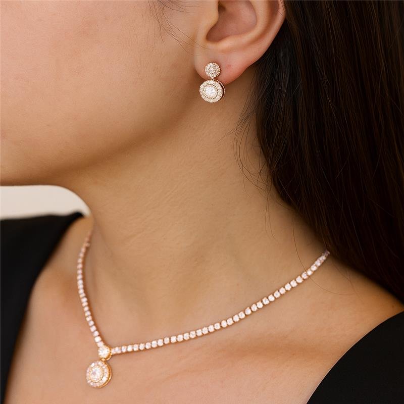 CONJUNTO FORMATURA RIVIERA COM CIRCULO DUPLO CRAVEJADO BANHO OURO 18K