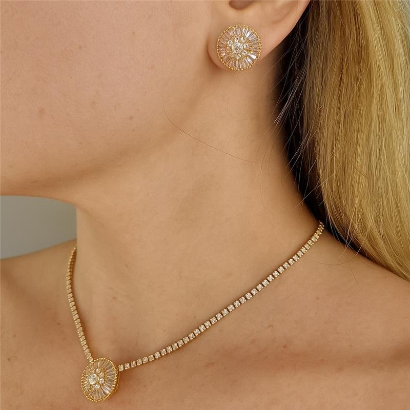 CONJUNTO FORMATURA RIVIERA COM CIRCULO COM FLOR CRAVEJADA BANHO OURO 18K