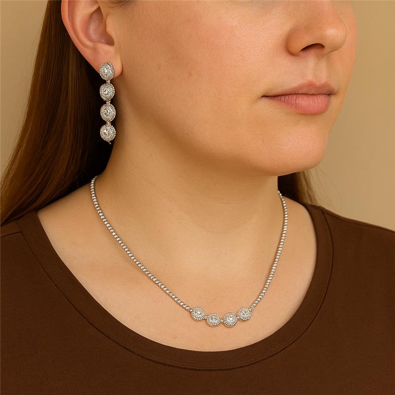 CONJUNTO FORMATURA RIVIERA COM PINGENTE OVAL COM PONTO DE LUZ CRAVEJADO BANHO PRATA 950 