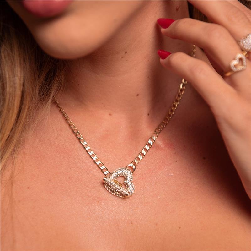 CONJUNTO GRAVATINHA ELO GRUMET CORAÇÃO CRAVEJADO BANHO OURO 18K 