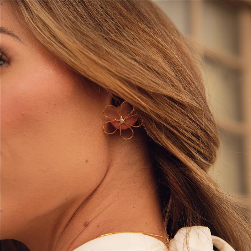 CONJUNTO FLOR COM DETALHE TEXTURIZADO BANHO OURO 18K