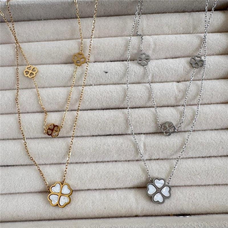 COLAR DUPLO TREVO CORAÇÃO MADRE PÉROLA EM AÇO INOXIDÁVEL COM BANHO OURO 18K