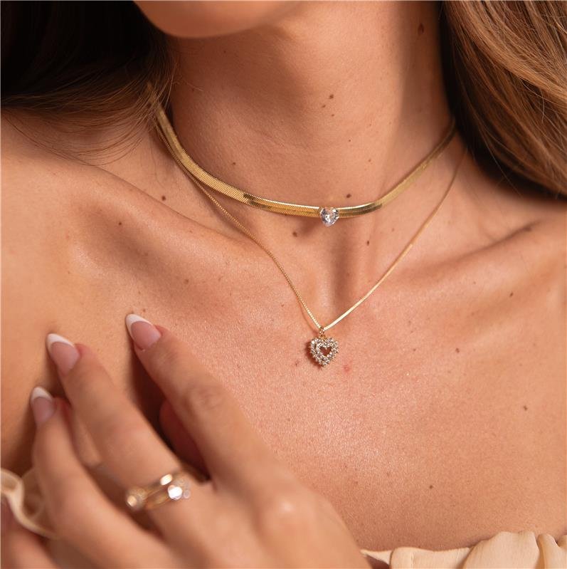 COLAR CORAÇÃO CRAVEJADO BANHO OURO 18K