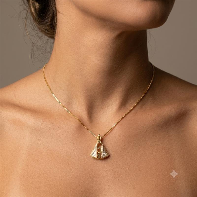 COLAR NOSSA SENHORA DUPLA FACE CRAVEJADA BANHO OURO 18K