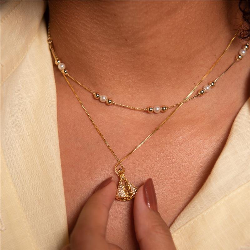 COLAR NOSSA SENHORA DUPLA FACE CRAVEJADA BANHO OURO 18K