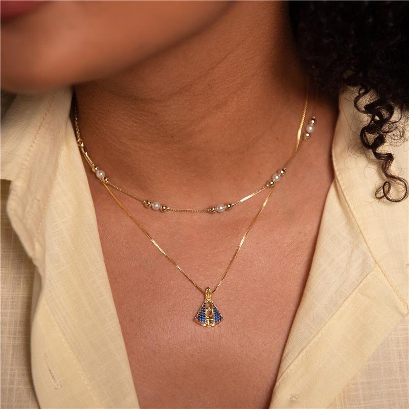 COLAR CHOKER BOLINHAS DOURADAS E PÉROLA BANHO OURO 18K