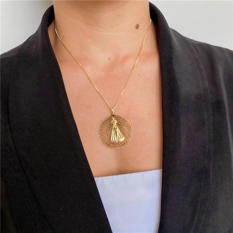 COLAR NOSSA SENHORA CORRENTE VENEZIANA BANHO OURO 18K 
