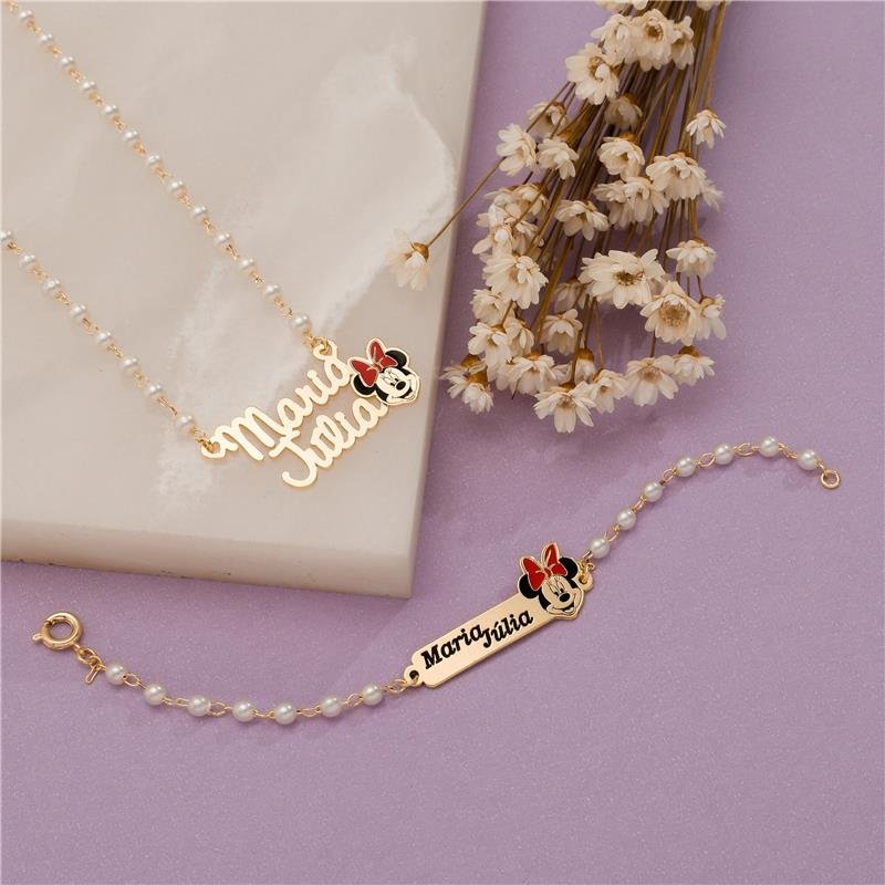 PULSEIRA INFANTIL PERSONALIZADA PÉROLA COM DESENHO MINIE BANHO OURO 18K 