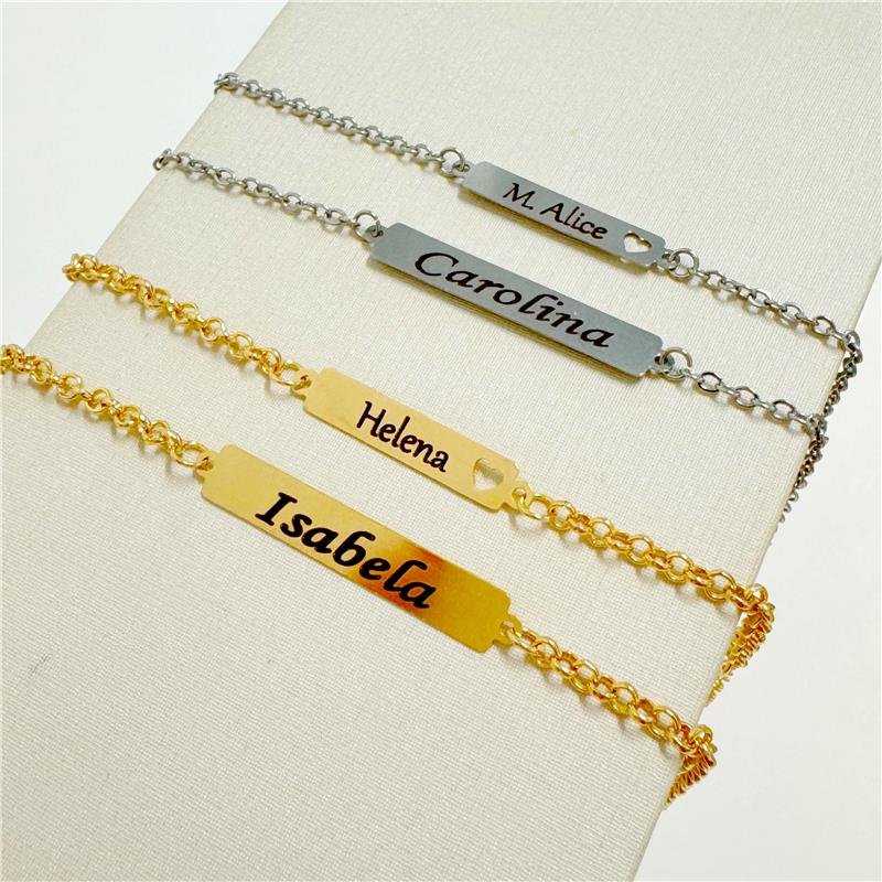 PULSEIRA INFANTIL COM NOME E CORAÇÃO ELO PORTUGUÊS EM BANHO DE OURO 18K