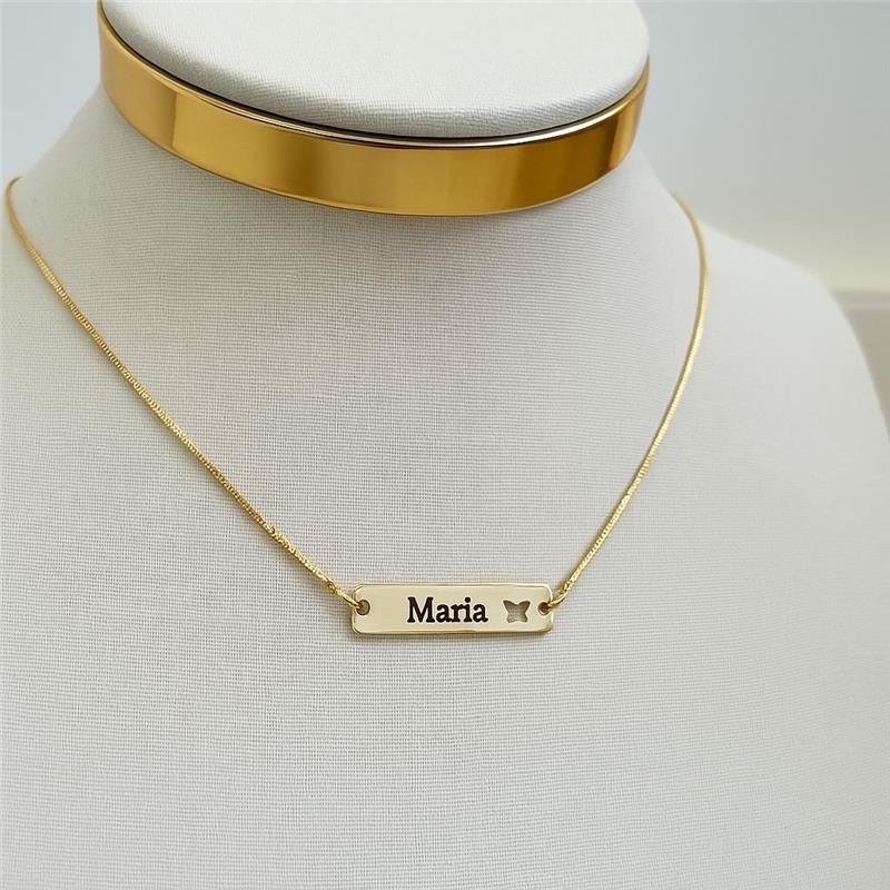COLAR INFANTIL PERSONALIZADO COM NOME E BORBOLETA EM BANHO DE OURO 18K