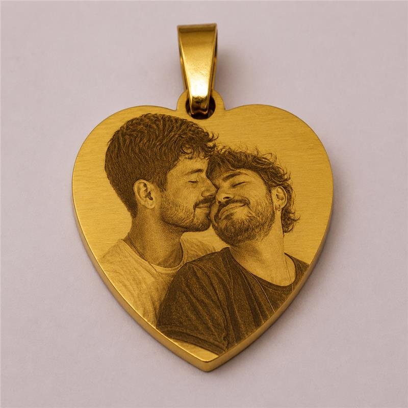 PINGENTE CORAÇÃO COM FOTO AÇO INOXIDAVÉL BANHO OURO 18K