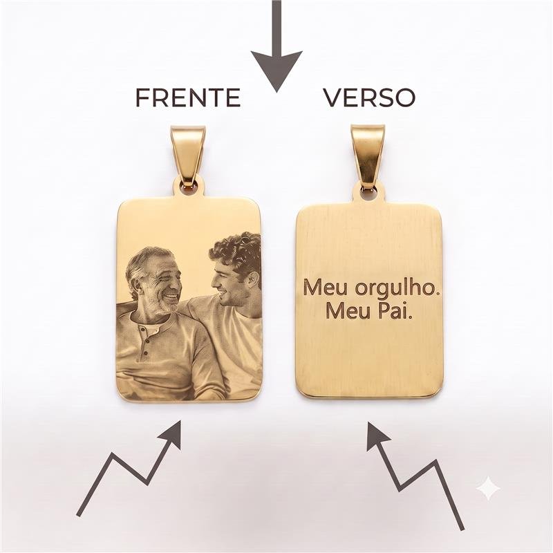 PINGENTE PLAQUINHA RETANGULAR COM FOTO E FRASE NO VERSO AÇO INOXIDÁVEL BANHO OURO 18K
