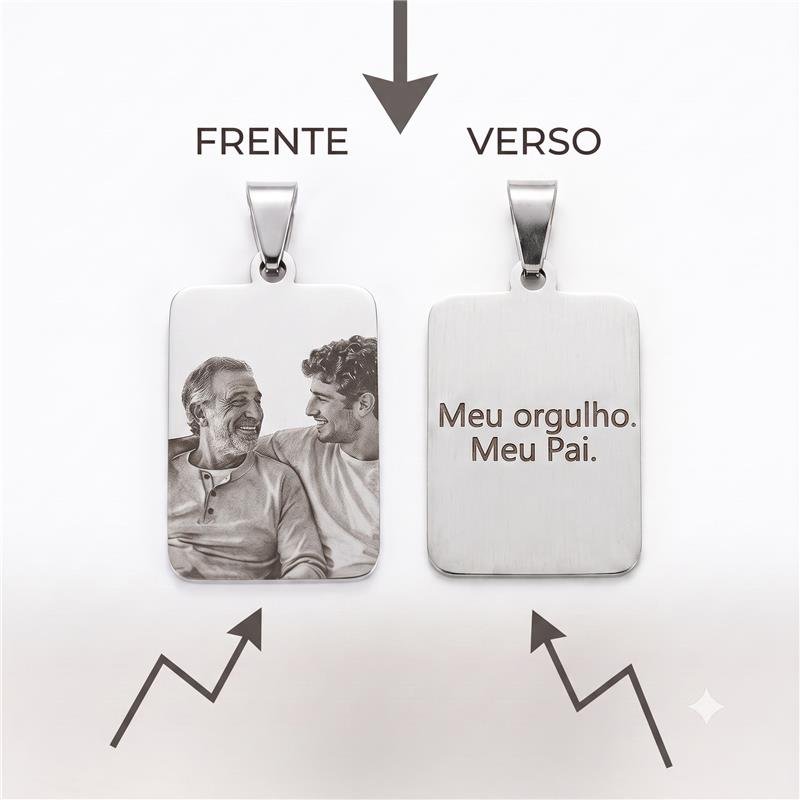 PINGENTE PLAQUINHA RETANGULAR COM FOTO E FRASE NO VERSO AÇO INOXIDÁVEL