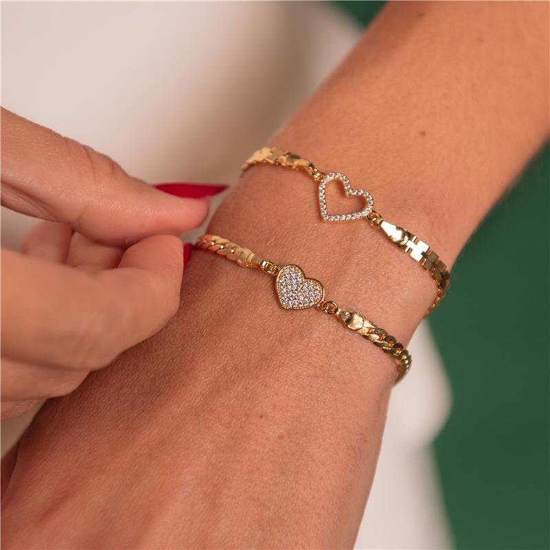 PULSEIRA GRUMET COM CORAÇÃO CRAVEJADO BANHO OURO 18K 