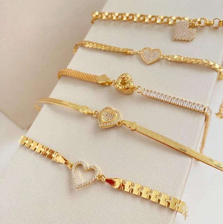 PULSEIRA RIVIERA E MALHA CORAÇÃO BANHO OURO 18K