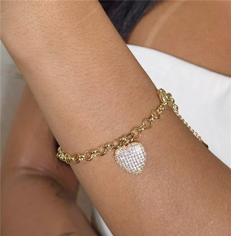 PULSEIRA ELO PORTUGUÊS COM PINGENTE CORAÇÃO CRAVEJADO BANHO OURO 18K 