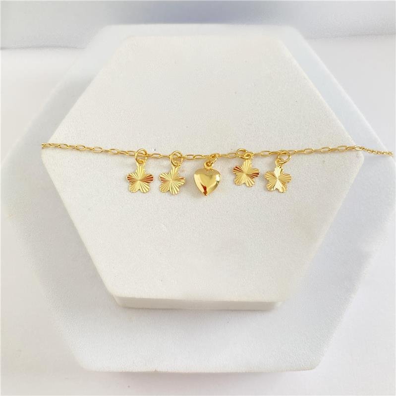 PULSEIRA INFANTIL FLORES E CORAÇÃO BANHO OURO 18K