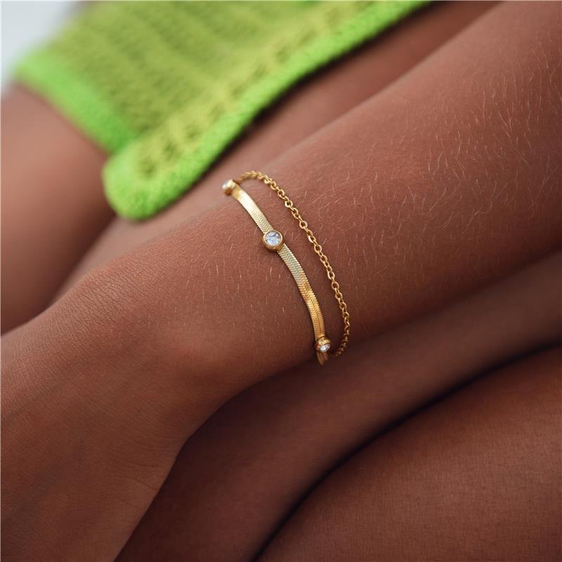 PULSEIRA DUPLA PONTO DE LUZ E BOLINHA AÇO INOXIDÁVEL BANHO OURO 18K