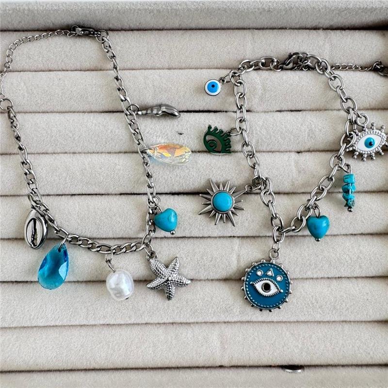 PULSEIRA ESTRELA DO MAR, CONCHA E PINGENTES COLORIDOS AÇO INOXIDÁVEL