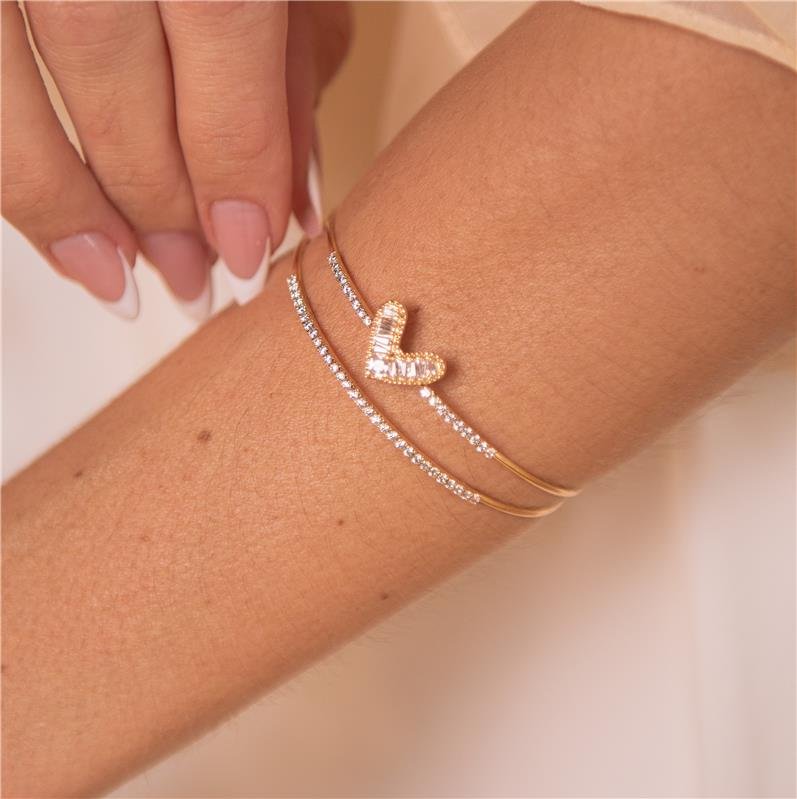  BRACELETE DUPLO CRAVEJADO COM CORAÇÃO BANHO OURO 18K