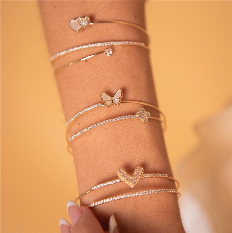  BRACELETE DUPLO CRAVEJADO COM CORAÇÃO MADRE PÉROLA BANHO OURO 18K