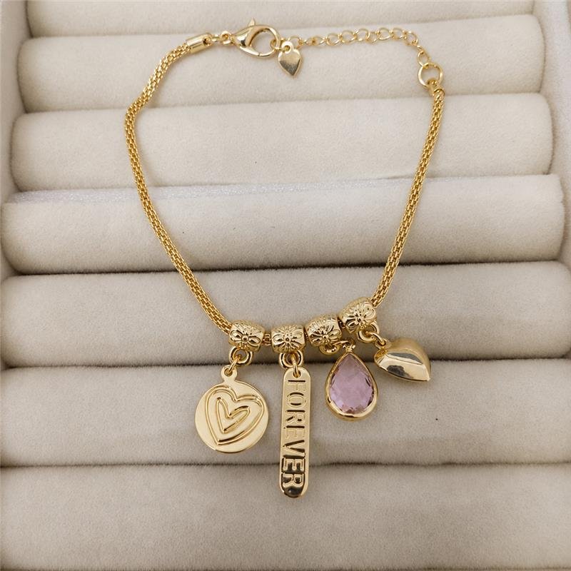 PULSEIRA INSPIRAÇÃO BERLOQUES CORAÇÃO,GOTA ROSA MEDALHA CORAÇÃO BANHO OURO 18K 
