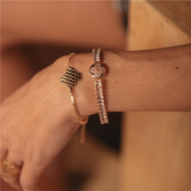  BRACELETE BAGUETE CRISTAL COM TREVO CRAVEJADO BANHO OURO 18K
