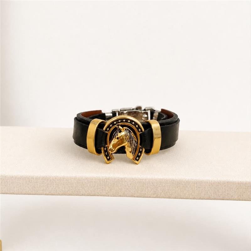 PULSEIRA CORINO PRETO CAVALO COM FERRADURA AÇO INOXIDÁVEL DOURADO - IGUAL AO PULS1321-