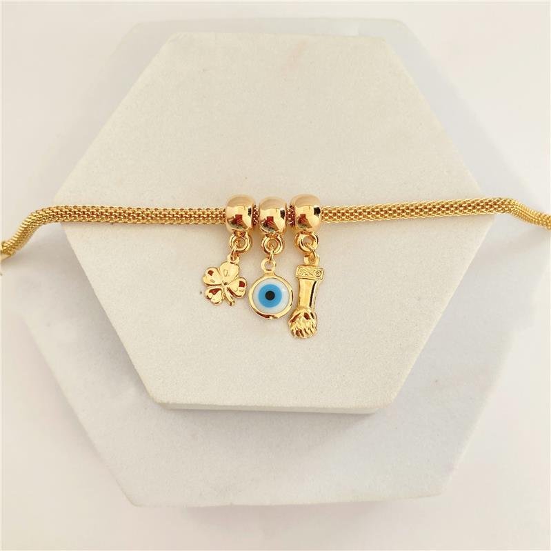 PULSEIRA INSPIRAÇÃO PANDORA FIGA TREVO E OLHO GREGO BANHO OURO 18K