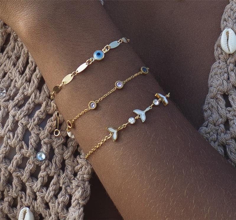 PULSEIRA CORRENTE OVAL E OLHO GREGO BANHO OURO 18K