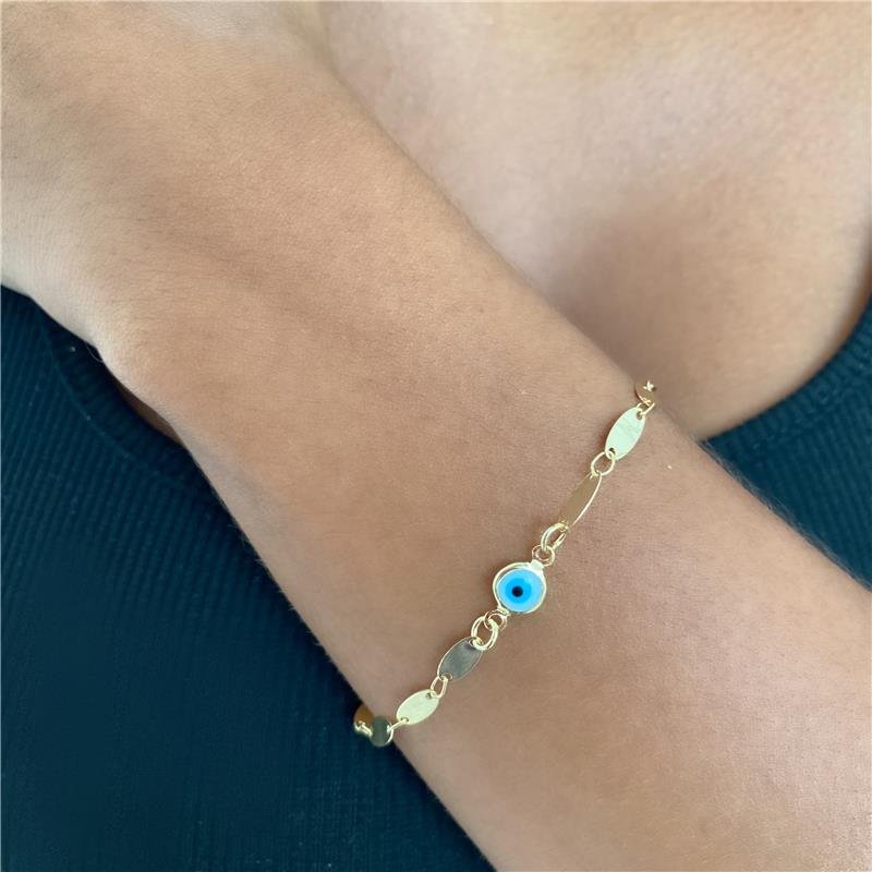 PULSEIRA CORRENTE OVAL E OLHO GREGO BANHO OURO 18K
