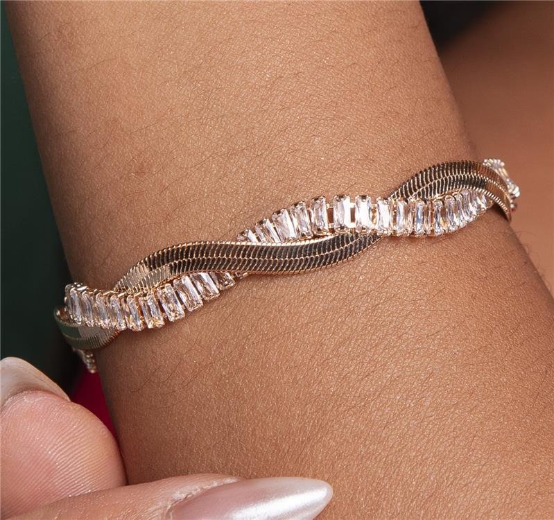  PULSEIRA MALHA DUPLA FITA 4MM BAGUETES ENTRELAÇADA BANHO OURO 18K