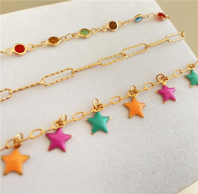 PULSEIRA ESTRELAS COLORIDAS BANHO OURO 18K
