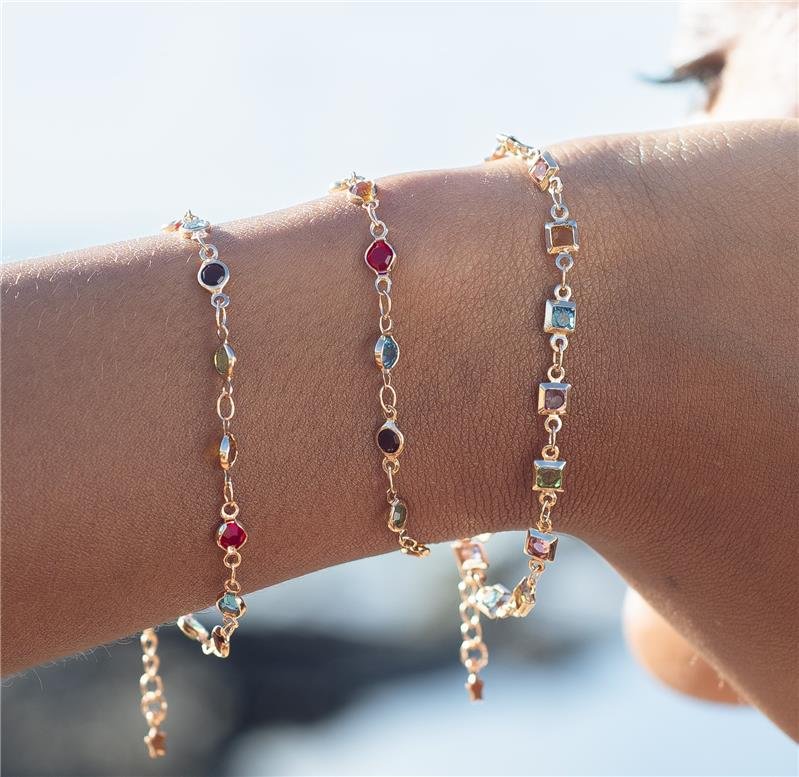 PULSEIRA CRISTAIS COLORIDOS QUADRADINHO BANHO OURO 18K