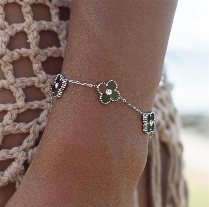 PULSEIRA TREVO ÔNIX EM AÇO INOXIDÁVEL 