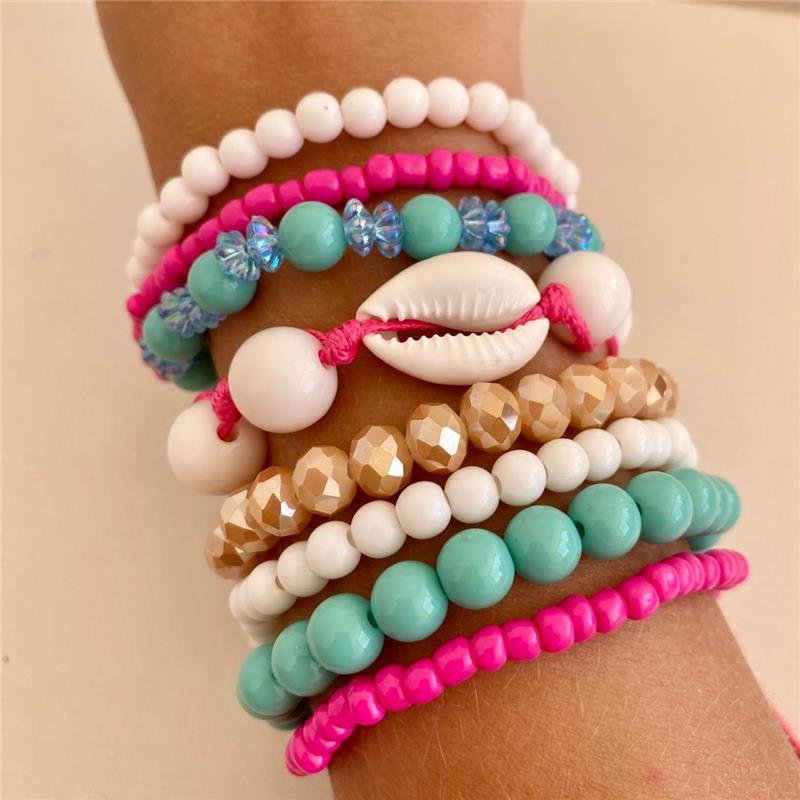 KIT PULSEIRA ARTESANAL VERDE BRANCO E ROSA