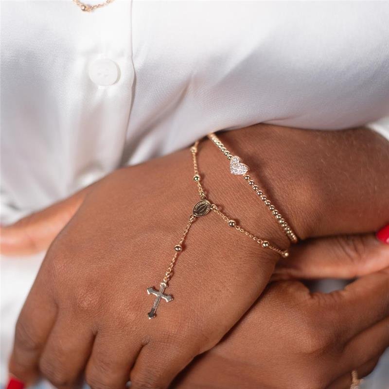 BRACELETE BOLINHAS COM CORAÇÃO CRAVEJADO BANHO OURO 18K